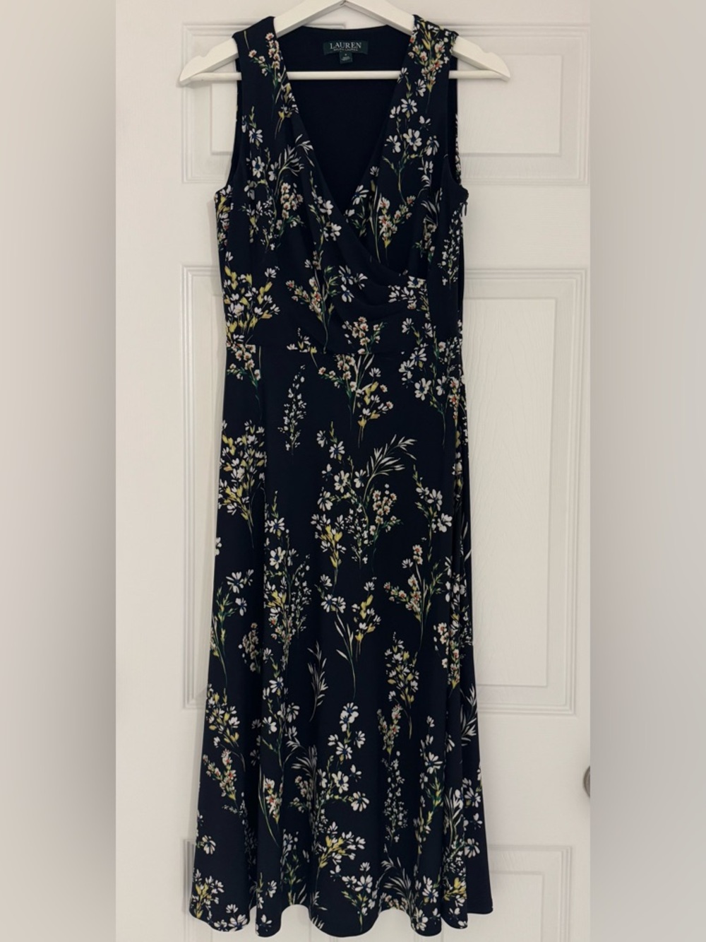Lauren Ralph Lauren Floral Midi Dress Navy Sleeveless Fit Flare Womens 2